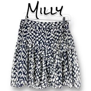 Milly Heidi Abstract Asymmetrical Ruffle Dot Mini Skirt Navy Blue Womens Size 4